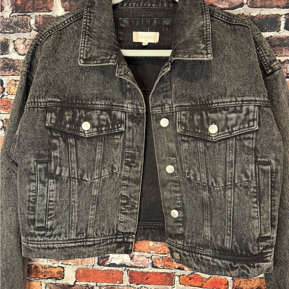 Altar'd State Charcoal Denim Jacket with Rhinestone Fringe